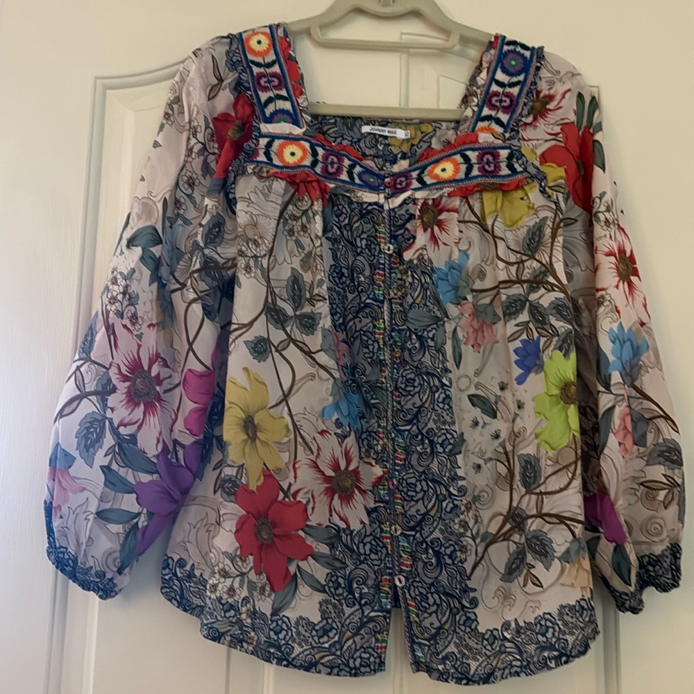 Johnny Was Multicolor Floral Embroidered Silk Boho Blouse